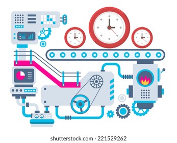 Vector industrial illustration background of the factory for manufacture clocks. Color bright flat design for banner, web, site, advertising, print, poster.