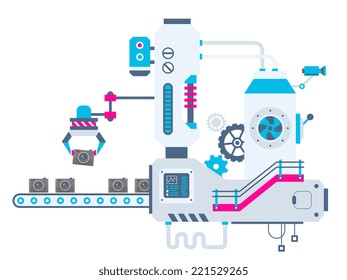 Vector industrial illustration background of the factory for sorting cameras. Color bright flat design for banner, web, site, advertising, print, poster.
