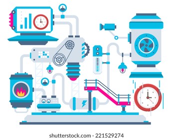 Vector industrial illustration background of the factory for processing clocks. Color bright flat design for banner, web, site, advertising, print, poster.