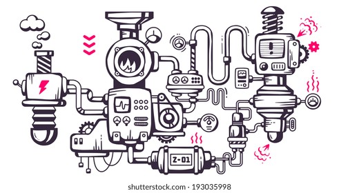 Vector industrial illustration background of the operating mechanism. The mechanical device in the factory. Line Art 