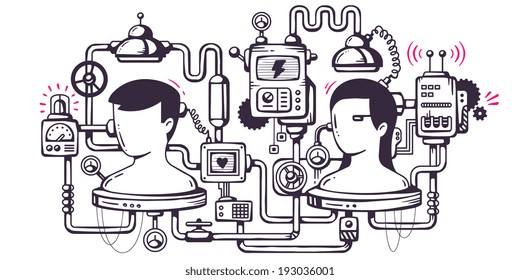 Vector industrial illustration background of the operating mechanism. Biological mechanism to study the human brain. Line Art 