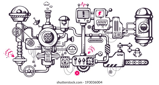 Vector industrial illustration background of the operating mechanism. Complicated mechanism at work. Line Art 