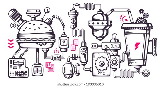 Vector industrial illustration background of the operating mechanism. Complex mechanism for the development and recycling food. Line Art 