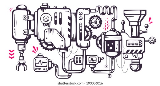 Vector industrial illustration background of the operating mechanism. Old mechanism with the oil leaks, monitoring and work.Line Art 