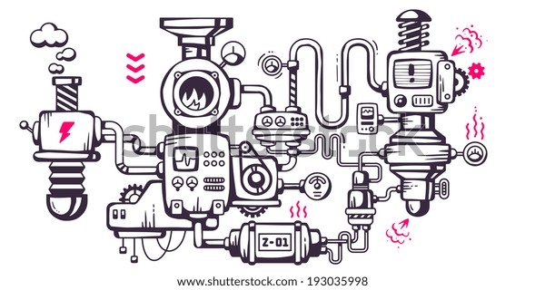 操作メカニズムのベクターイラスト背景 工場内の機械装置 ラインアート のベクター画像素材 ロイヤリティフリー