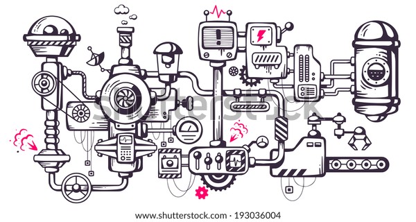 Vector industrial illustration background of the operating mechanism. Complicated mechanism at work. Line Art 