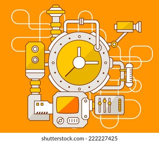Ilustración industrial vectorial del mecanismo del reloj. Color amarillo y diseño plano para banner, impresión, póster, pegatina, publicidad