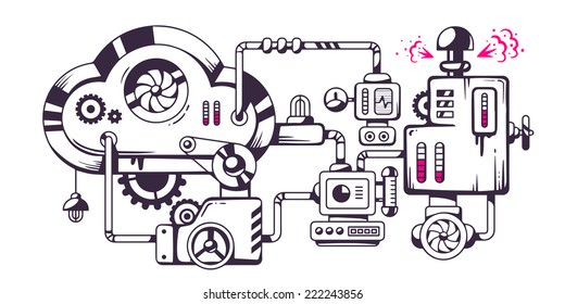 Vector industrial illustration of the mechanism of cloud. Line art design for banner, print, poster, sticker, advertising