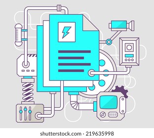 Vector industrial illustration of the mechanism of document. Color line art and flat design for banner, print, poster, sticker, advertising