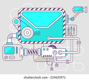 Vector industrial illustration of the mechanism of envelope. Color line art and flat design for banner, print, poster, sticker, advertising