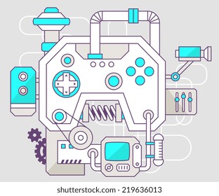 Vector industrial illustration of the mechanism of joystick. Color line art and flat design for banner, print, poster, sticker, advertising