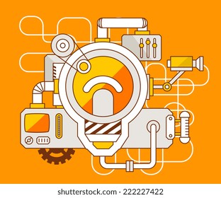 Vector industrial illustration of the mechanism of light bulb. Yellow color line art and flat design for banner, print, poster, sticker, advertising