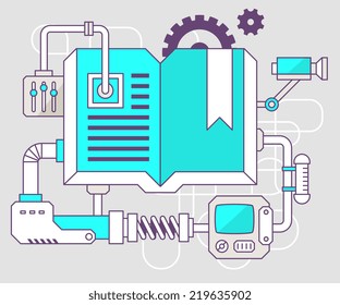 Vector industrial illustration of the mechanism of open book. Color line art and flat design for banner, print, poster, sticker, advertising