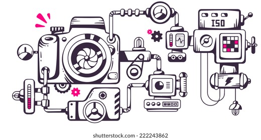 Vector industrial illustration of the mechanism of photo camera. Line art design for banner, print, poster, sticker, advertising