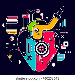 Vector industrial illustration of work of the heart mechanism. Surveillance of mechanical motor heart on dark background. Line art flat style hand drawn design for banner, valentine day greeting card