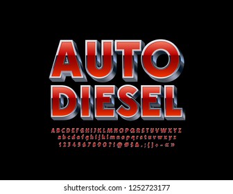 Vector Industrial Logo Auto Diesel With 3D Metallic Font. Red And Silver Alphabet Letters, Numbers And Symbols.