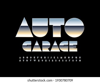 Vector industrial logo Auto Garage. Abstract style Font. Glossy steel Alphabet Letters and Numbers set