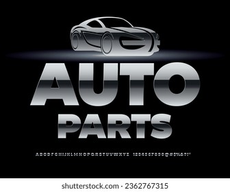 Vector industrial logo Auto Parts with decorative Car. Steel creative Font. Glossy metallic Alphabet Letters, Numbers and Symbols set