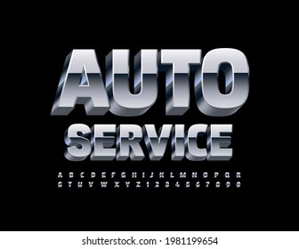 Vector industrial logo Auto Service. Metallic 3D Font. Stainless steel Alphabet Letters and Numbers set