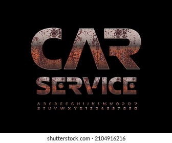 Vector industrial logo Car Service. Old metal Alphabet Letters and Numbers set. Creative rusty Font