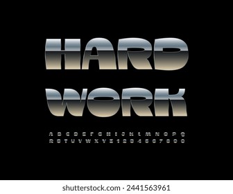 Vector industrial logo Hard Work. Modern Iron Font. Trendy Metallic Letters and Numbers.
