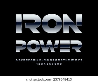 Vector industrial logo Iron Power.  Futuristic Metallic Font. Set of Silver Alphabet Letters and Numbers