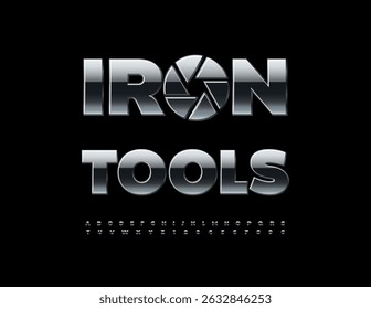 Vector Industrial logo Iron Tools with Metallic Element. Chrome Digital Font.`Black Silver Alphabet Letters and Numbers set.