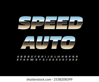 Vector industrial logo Speed Auto. Reflective Metallic Font. Digital Silver Letters and Numbers set.