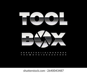 Vector Industrial logo Tool Box with Metallic Emblem. Stainless Steel Font. Silver Digital Alphabet Letters and Numbers set. 