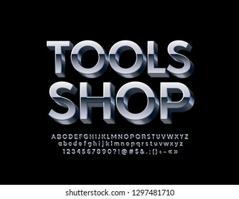 Vector industrial logo Tools Shop with 3D metallic Font. Silver Alphabet Letters, Numbers and Symbols. 