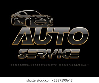 Vector industrial poster Auto Service. Modern Black Font. Unique Alphabet Letters, Numbers and Symbols