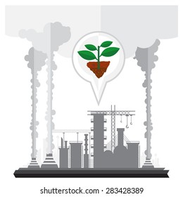 Vector industrial smokestacks emit toxic fumes floating in the sky on white background