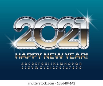Vector industrial style greeting card Happy New Year 2021! Shiny chrome Alphabet Letters and Numbers set. Metallic reflective Font