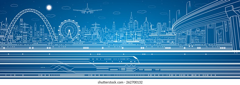 Vector industrial and transport panorama, vector lines technology landscape, night city