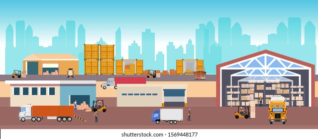 Vector of an industrial warehouse with containers, delivery trucks and workers managing cargo freight outdoors on a background of cityscape 