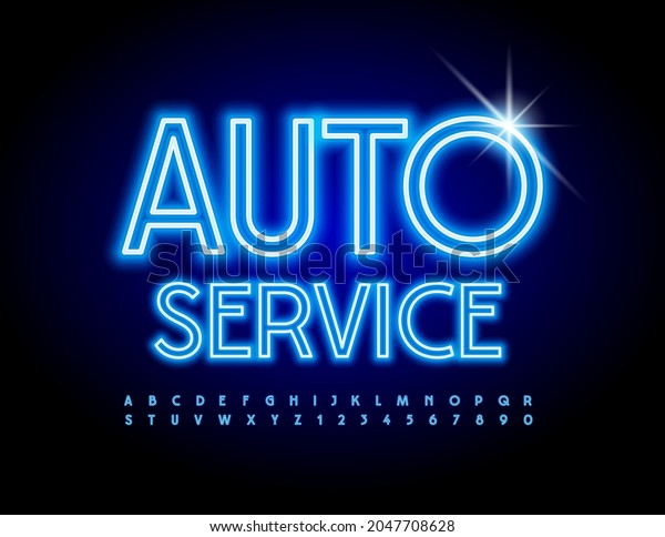 Vector industry Banner Auto\
Service. Blue Neon Font. Glowing Alphabet Letters and Numbers\
set