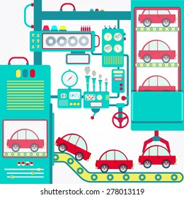 Vector - Industry of car. Car industry with machinery and gripper handling cars.