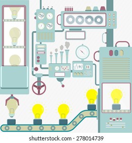 Vector - Industry creativity. Factory of light bulb with machines. Industry of creativity. Conceptual.