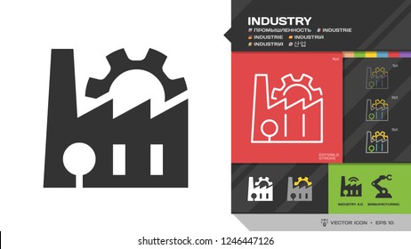 Vector industry or factoty black glyph silhouette and editable stroke thin outline single icon with industrial building or manufacturing construction, pipe and gear pinion sign.