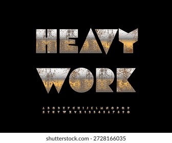 Logotipo de la industria del Vector Heavy Work. Fuente metálica envejecida. Conjunto oxidado de letras y números del alfabeto de acero.