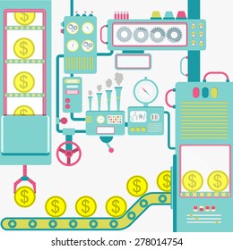 Vector - Industry of money. Machinery industry producing golden coins. Conceptual.