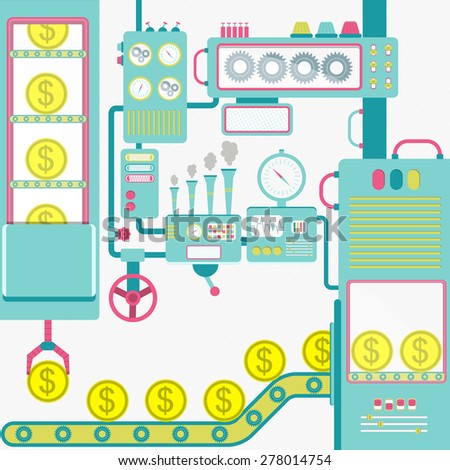 Vector - Industry of money. Machinery industry producing golden coins. Conceptual.