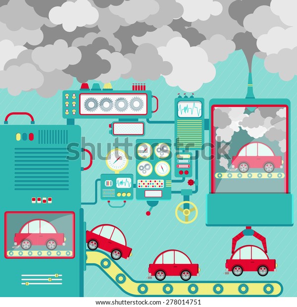 Vector - Industry and traffic pollution.\
Automobile industry and the pollution released into the atmosphere.\
Conceptual.