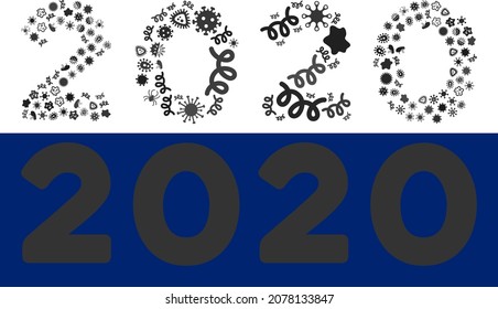Vektorinfektion 2020 Jahr Text Symbol-Zusammensetzung von ansteckenden Mikroben. 2020-jähriges Textmosaik besteht aus Infektionsprodukten, Parasiten, Mikroben, Sporen,