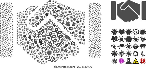 Vector infection agreement handshake icon collage of contagious cells. Agreement handshake collage is made from infection elements, parasites, microbes, spores, contagious agents,