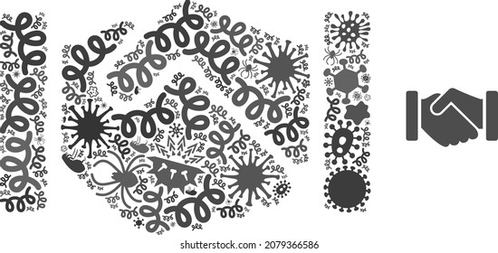 Mosaico de icono del protocolo de enlace del acuerdo de infección vectorial de las células contagiosas. El mosaico de apretón de manos de acuerdo está construido con elementos de infección, parásitos, microbios, esporas, agentes contagiosos,