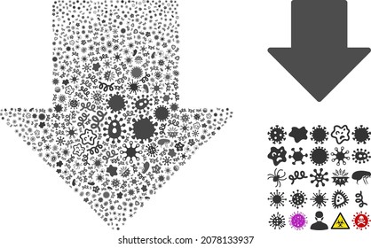 Vector infection arrow down icon collage of pandemic microbes. Arrow down collage is designed of infection items, parasites, microbes, spores, contagious agents, and based on arrow down icon.