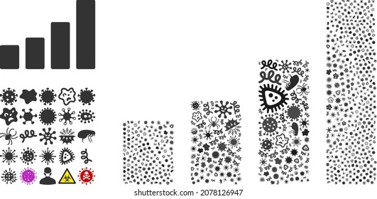 Gráfica de la barra de infección vectorial composición del icono de microbios contagiosos. El mosaico de la gráfica de barras está construido con elementos de infección, parásitos, microbios, esporas, agentes contagiosos y basado en el icono de la gráfica de barras.