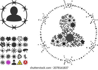 Vector infection barbed wire person icon composition of contagious items. Barbed wire person collage is designed of infection elements, parasites, microbes, spores, contagious agents,