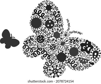 Vector infection butterfly icon mosaic of pandemic cells. Butterfly mosaic is designed from infection items, parasites, microbes, spores, contagious agents, and based on butterfly icon.